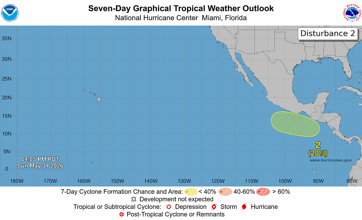 CycloforumsPR's tweet photo. [Perspectiva Tropical Pacifico Nor-Oriental 5 PM hora del Pacifico]
El area lejos de Baja California Sur tiene probabilidades de 20% en 2 dias y 90% en 7 dias mientras la otra area de interés que podria formarse para el proximo fin de semana al sur de Guatemala y Mexico tiene 20% en 7 dias.
LMR
@AlertaChiapas @AlertaGt502 @ChiapasMeteo @DavidPalaciosD @esereno @MeteoJalMX @stmsin @donderisja