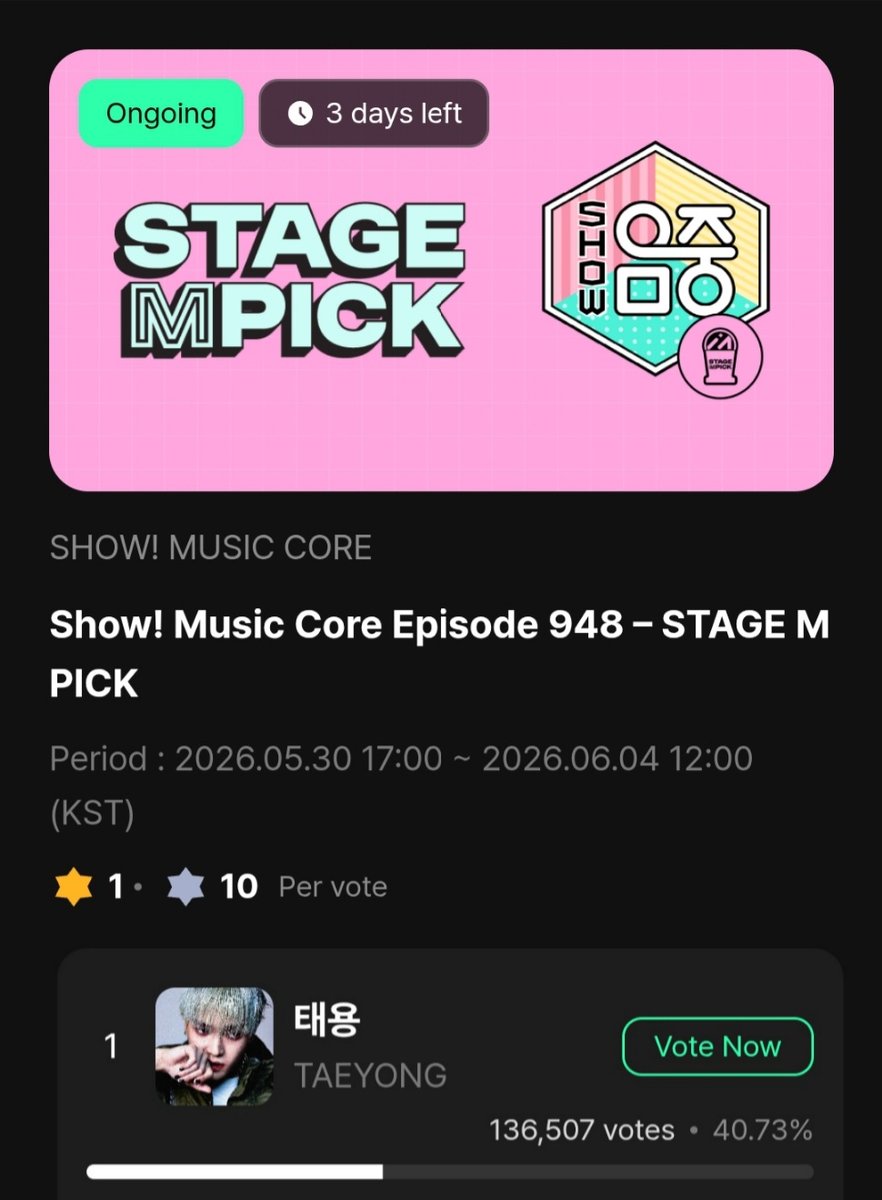 TYDailyVotes's tweet photo. Tyongfs, event ends on June 4th! 

⭐ STAGE M PICK (3 days left!) 

⭐ 10 free votes per account 

⭐ collect check in votes on muniverse app 

#Taeyong #wyld https://t.co/BAdnOe0e9d