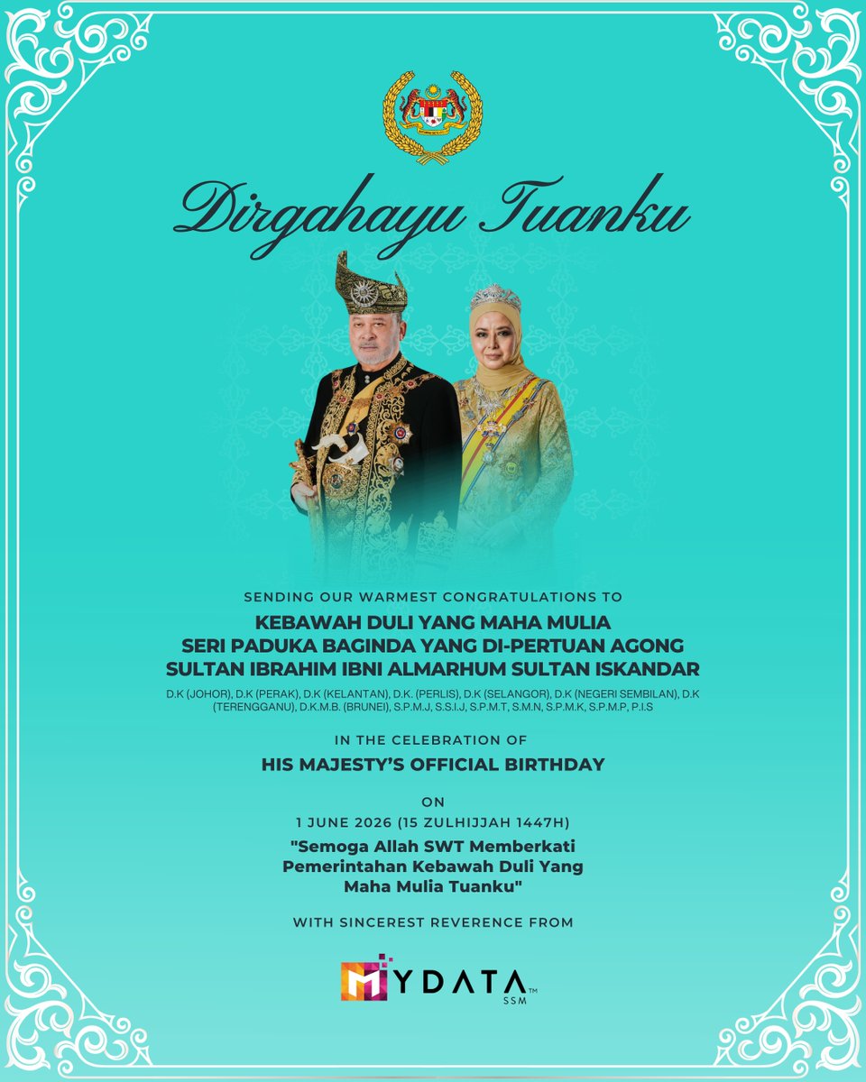 MYDATASSM's tweet photo. Dirgahayu Tuanku

Sending our warmest congratulations to Kebawah Duli Yang Maha Mulia Seri Paduka Baginda Yang Di-Pertuan Agong Sultan Ibrahim Ibni Almarhum Sultan Iskandar
in the celebration of His Majesty’s Birthday. https://t.co/vrVmdGoDOe