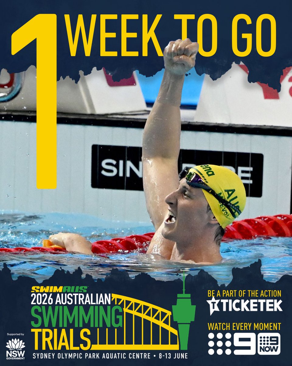 SwimmingAUS's tweet photo. In one week, it all begins 💪 
 
Six stacked days of racing. Three teams on the line.
 
The best in Australia - our world record holders and world champions - racing for Comm Games, Pan Pacs and Para Pan Pacs selection 💥🐬 Don't miss a moment.
 
🎟️🔥 Witness history at SOPAC - secure your tickets via Ticketek today.
 
Can't make it to the action? Watch every moment live on Channel 9 @wwos