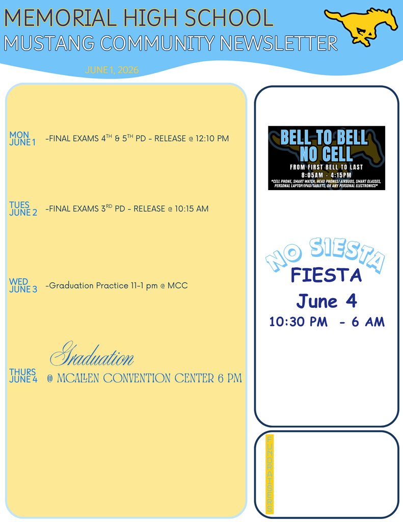 McAllenMemorial's tweet photo. 🩵📰🐎 Mustang Community Newsletter | June 1, 2026 🐎📰💛
Let's end May strong, Mustangs!
Go Big Blue! 🩵💛
Want more information? Visit https://t.co/jtYqTdDjCL
Let’s go, Mustangs! 🐴
#1PRIDE #LetsRide https://t.co/WS4WyqdpMI
