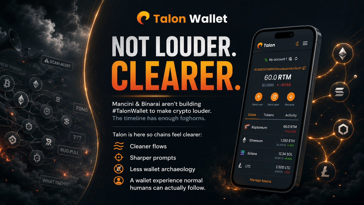 talonwallet's tweet photo. Mancini &amp; Binarai aren't building #TalonWallet to make crypto louder. The timeline has enough foghorns.

Talon is here so chains feel clearer: cleaner flows, sharper prompts, less wallet archaeology, and a wallet experience normal humans can actually follow. https://t.co/gYBkZrGnDC