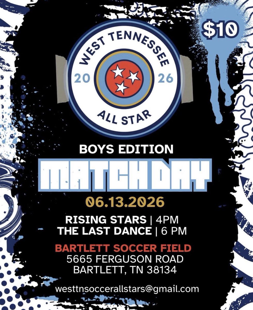 Localpitchpod's tweet photo. The Rising Stars match for 9th-11th players will kick off at 4 pm! 

The Last Dance match for the seniors will kickoff at 6 pm! 

Both games will be hosted at 5665 Ferguson Road Bartlett, TN 38134 on Saturday June 13th! Tickets will be $10!

WESTTNSOCCERALLSTARS@GMAIL.COM https://t.co/Vo8IAATslu