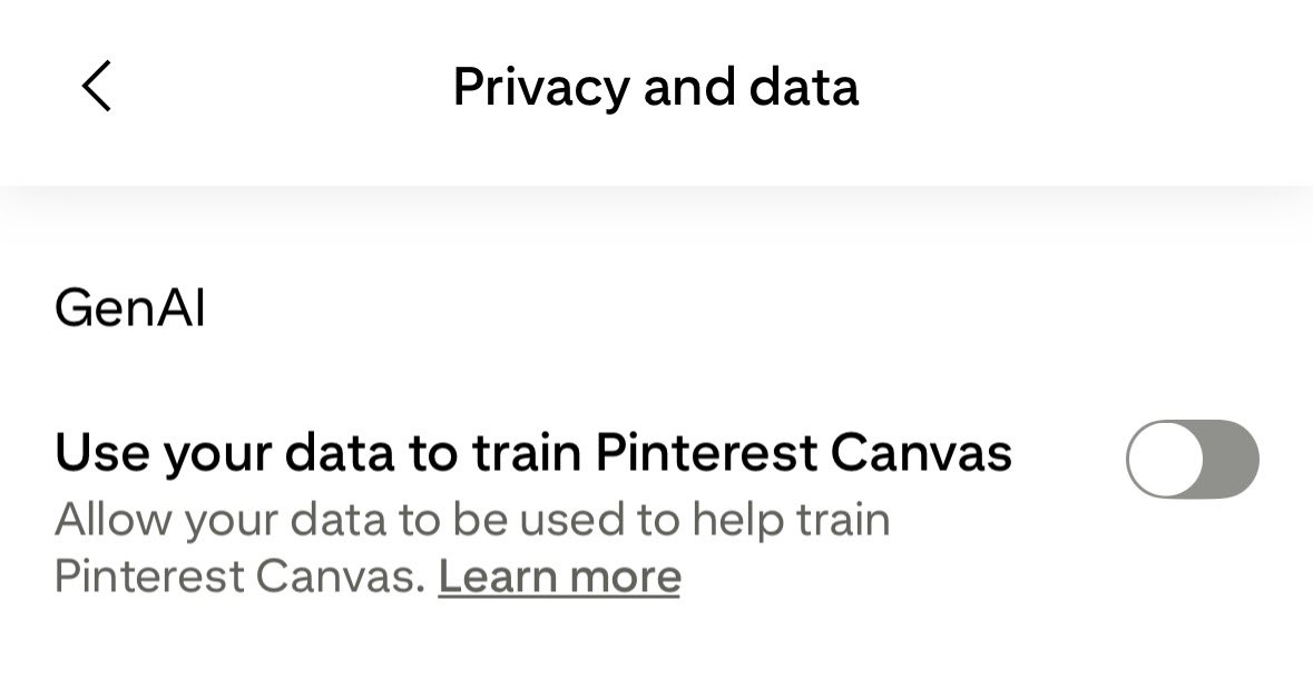 pcwyndhams's tweet photo. @Pinterest I don’t appreciate that this setting was automatically turned on unbeknownst to me, I did not authorize this. I already turned off the ability to see  AI-generated content. Very disappointed that this app especially is prioritizing AI over human creativity https://t.co/btTtrOhMbH