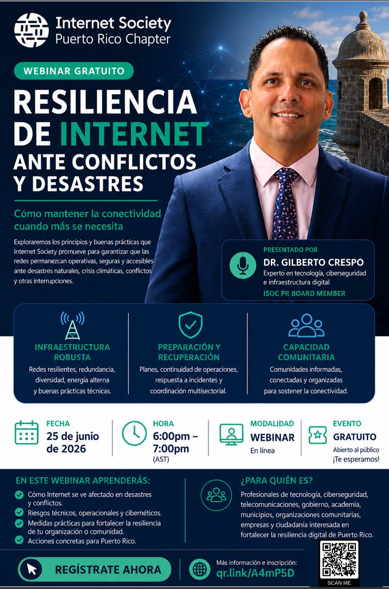 GilCresPer's tweet photo. 🌐 ¿Está Puerto Rico preparado para mantener la conectividad durante huracanes, apagones o ciberataques? Acompáñame en este webinar gratuito de  @isocpr

📅 25 junio
🕕 6 PM AST
🔗 https://t.co/E6ZXQimWMl

#ISOCPR #Cybersecurity #InternetResilience #PuertoRico https://t.co/K52h0R2gue