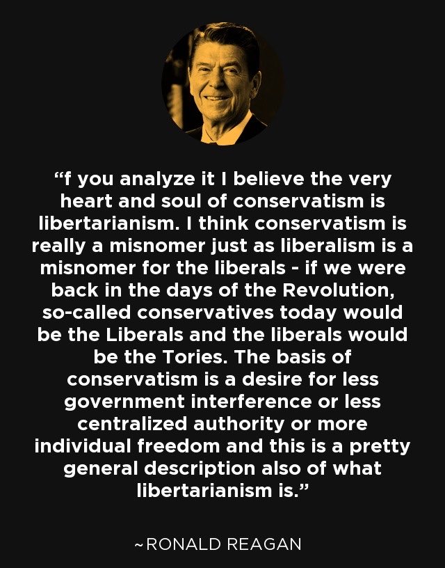 beinlibertarian's tweet photo. The funny thing about the “conservatives” that are constantly online trying to dunk on libertarians since Trump Order 66’ed Massie is they often hold Ronald Reagan on a pedestal. 

The GOP historically love to campaign like libertarians but can’t or won’t follow through. https://t.co/i3h7q2RyUC
