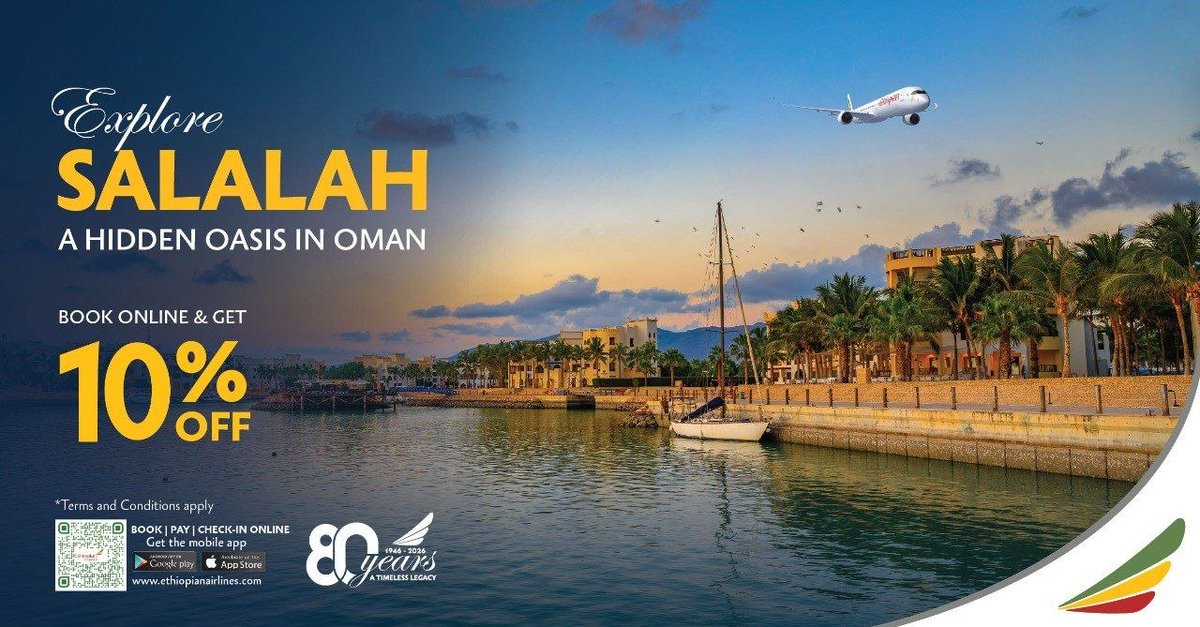 GoldStrAviation's tweet photo. Enjoy 10% off your next adventure to and from the hidden oasis of Salalah, Oman, with Ethiopian Airlines!
#FlyEthiopian #Salalah https://t.co/4QTmNDyTBW