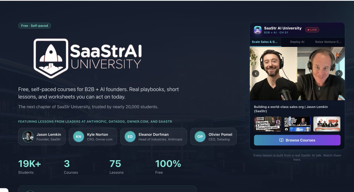 jasonlk's tweet photo. The new SaaStrAI University is out!! -> https://t.co/TlbQiBxo41

3 FREE courses:

1⃣ How To Scale GTM with AI
2⃣ How to Manage and Build AI Agents (For Real)
3⃣ VC + Fundraising in Age of AI

Check it out!!  -> https://t.co/TlbQiBxo41 https://t.co/57fpcz9BX5