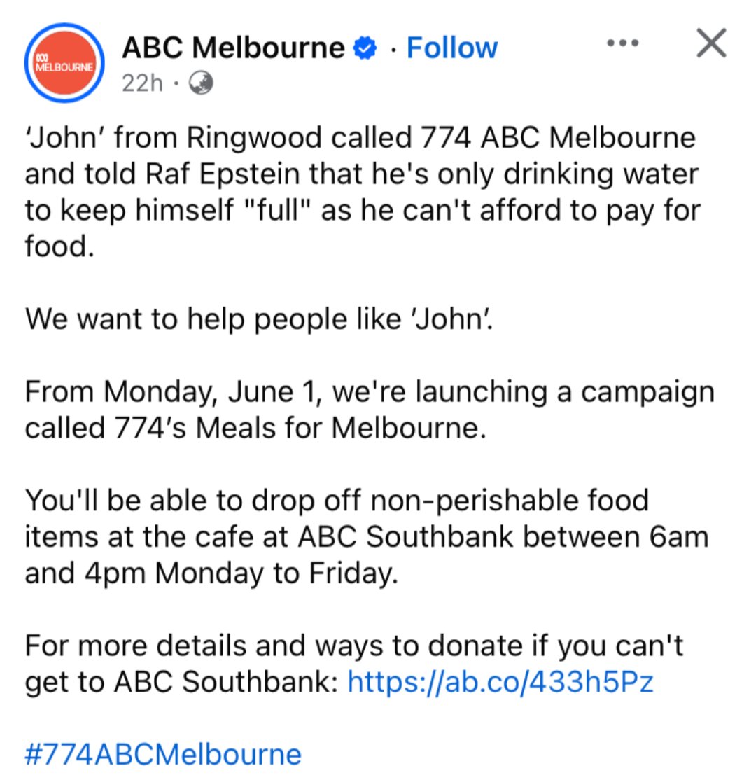 JeremyPoxon's tweet photo. Look, I commend the effort.

But the reality is we don't need more de facto food banks. People like John need the ABC to push the government on raising the rate of all income support payments https://t.co/Hsuw7xsXXW