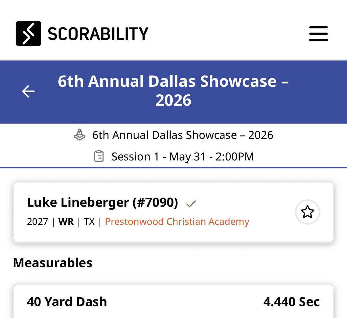 LukeLineberger's tweet photo. Ran an official 4.4 40 yard dash today at the SMU camp.
@PCALionsFB @MaxPreps @tapps247
@247recruiting @RivalsHS @TXPSMedia
@RecruitPCA @dctf @SportsDayHS
@padillapoll @TXPrivateFBGuy
@coachdwetzel https://t.co/sLIZx2Lvxw