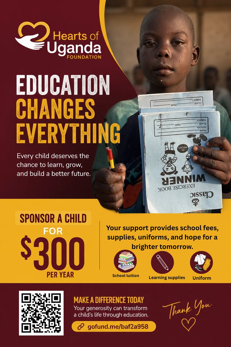 DOHUGG's tweet photo. For just $300 per year, you can sponsor a child, keep him in school and help build a brighter future.
Every child deserves the chance to learn, dream, and succeed.
❤️ Sponsor a child today:
https://t.co/L5IjRkpZGY
#HeartsOfUgandaFoundation #SponsorAChild #EducationForAll https://t.co/Ab43X4mhXy