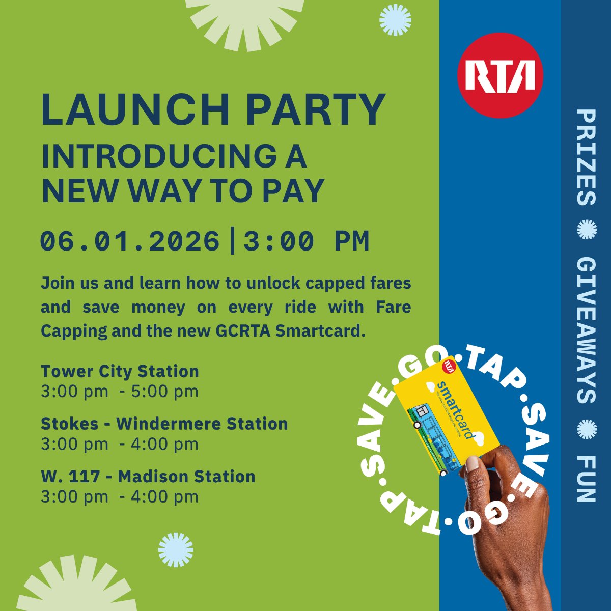 GCRTA's tweet photo. Celebrate the launch of Fare Capping with GCRTA Monday, June 1!⁣⁣⁣ 🎉
⁣⁣⁣
Win a free GCRTA Smartcard. Get entered in a drawing for tickets to 
@TriCJazzFest. Get hands-on help getting your account set up on the spot.⁣⁣⁣

Learn more: https://t.co/5QwgMB5oK2 https://t.co/I87XdnMCYH