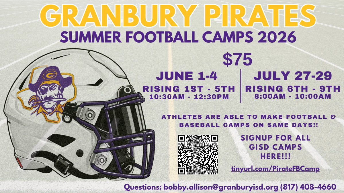 GranburyFB's tweet photo. 🚨Camp Starts Tomorrow🚨 

Walk ups are welcome!!  
Can still register today!! Link Below ⬇️
https://t.co/wmUfjWzne4 

See y'all tomorrow!  

🟣🟡🏴‍☠️
#StayPurple
 #YoungBuccs https://t.co/i0rtCIC9N6