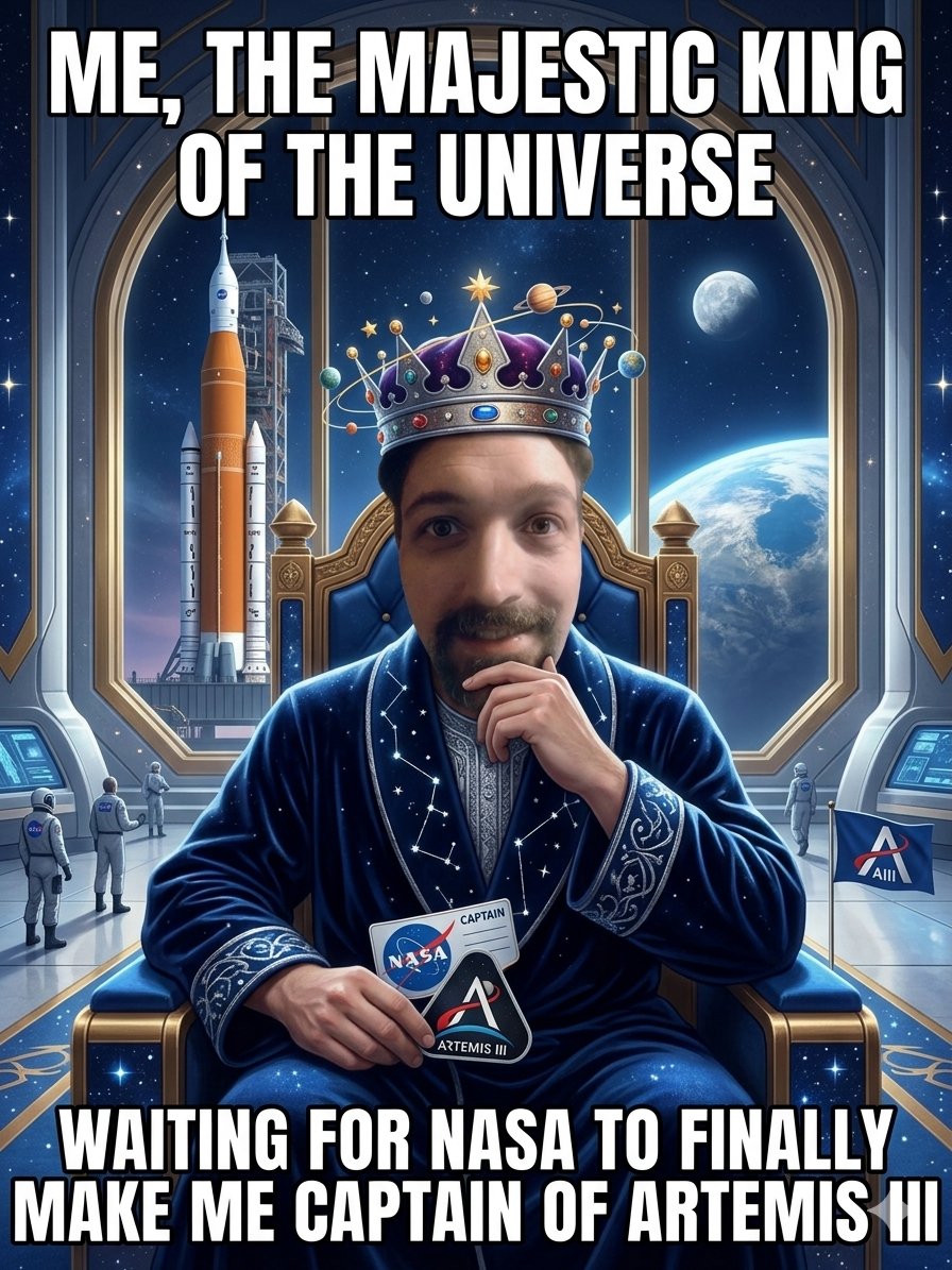MajorWHowell's tweet photo. #MajesticKingOfTheUniverse #ArtemisIII #NASA #SpaceKing #FutureCaptain #AstronautVibes #SpaceMeme #KingOfTheUniverse #MoonMission #ArtemisProgram #WaitingOnNASA #GalaxyThrone #CosmicRoyalty #SpaceExploration #RocketLaunch #SpaceSuit #CelestialKing #OrionSpacecraft #NASAArtemis #AstronautLife #StarGazing #DeepSpace #MissionControl #Interstellar #CosmicCrown