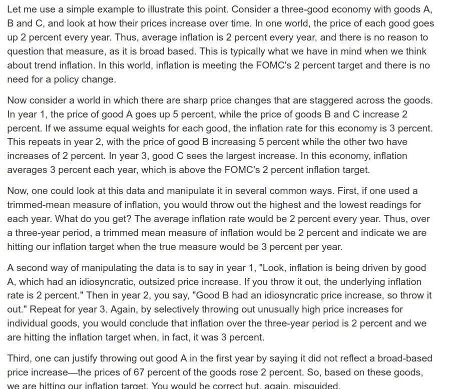 sidprabhu's tweet photo. Good way to ignore rolling “transitory” inflations that in aggregate keep inflation above target. In aggregate if monetary policy is set correctly inflation in one category should be offset by disinflation in the rest of the basket. Waller on how data can be manipulated with trimmed means -

https://t.co/cu8hcmNOGb