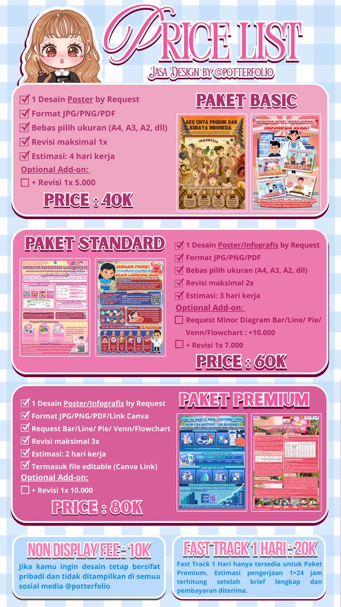 potterfolio's tweet photo. 📌 Materi udah siap, tapi posternya?
Masih font Comic Sans sama warna neon tabrakan 😭
Eitsss tenang, biar aku yang urus. Design Poster &amp; Infografis mulai dari 35K, bisa request sesuai keinginan kamu! 
📩 Order DM X/Instagram @potterfolio atau WA di bio yaa!
#bealanja https://t.co/GqRzdKQxyL