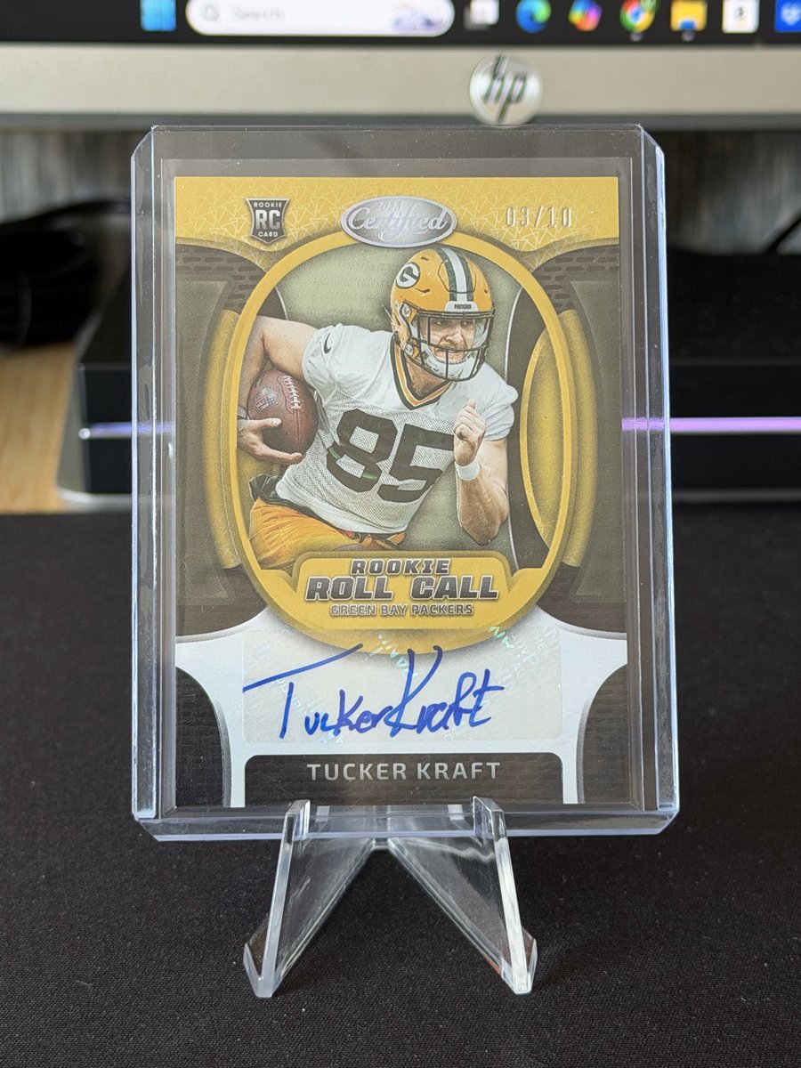 scottloft's tweet photo. Just sold this card I pulled two years ago.

Tucker Kraft 

2023 Panini Certified - Rookie Roll Call Gold /10 https://t.co/P3W7M3piIv