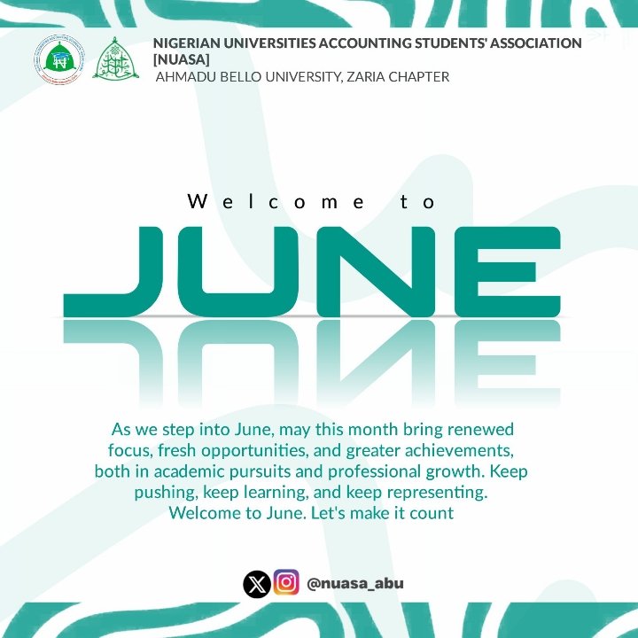 NUASA_ABU's tweet photo. Happy New Month, Family! 🌟
As we step into June, may this month bring renewed focus, fresh opportunities, and greater achievements  both in academic pursuits and professional growth. Keep pushing, keep learning, and keep representing.
Welcome to June. Let's make it count. https://t.co/ugIKKOmrsl