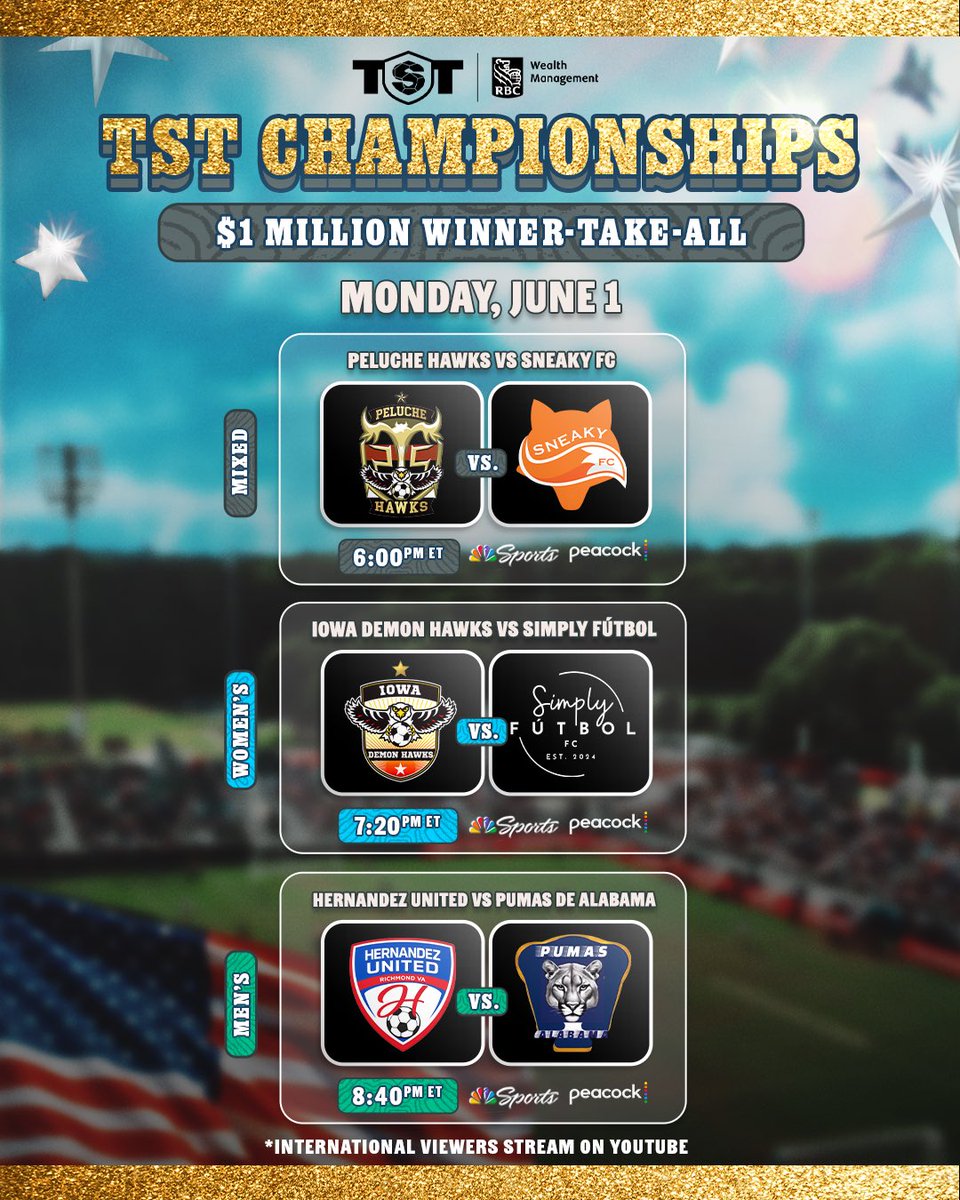 TST7v7's tweet photo. TOMORROW’S TST CHAMPIONSHIPS ARE SET!

Peluche Hawks vs Sneaky FC

Iowa Demon Hawks vs Simply Fútbol

Pumas de Alabama vs Hernandez United

💰🗣️ALL PLAYING FOR $1MILLION https://t.co/mqVC9QOtlB