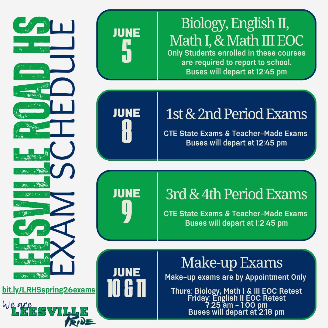 MsPrice1's tweet photo. 📣 Seniors will take their exams on June 5th in the Media Center. CTE Exams will start at 7:25am and Teacher Made will start at 9:00am. 
All exam info can be found here: 
https://t.co/NbluCn1XbK

@leesvilleroadhs https://t.co/z3i1luywDg