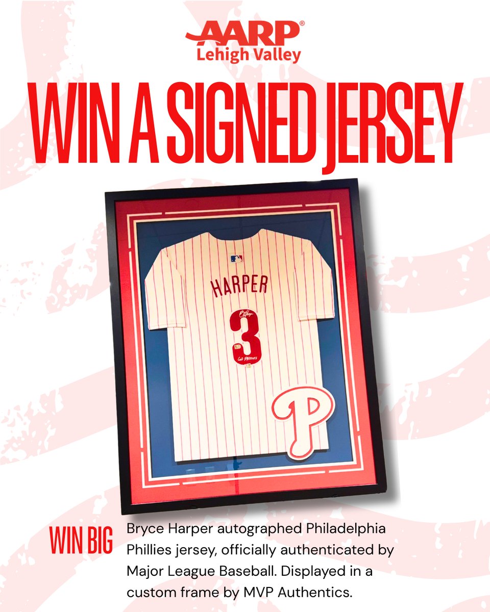 AARPPA's tweet photo. Phillies Fan, don’t miss out! Enter now for a chance to win an autographed Bryce Harper jersey. To learn more, click here: https://t.co/NkNFl1dBZM https://t.co/3O7cZuVwAk