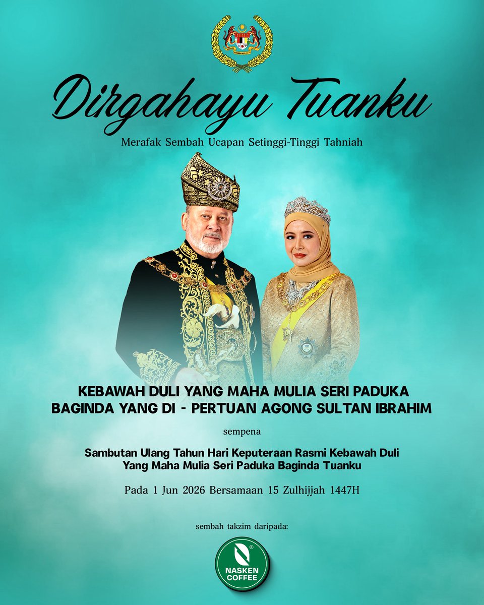 NaskenCoffee's tweet photo. Dirgahayu Tuanku!
Merafak sembah dan setinggi-tinggi tahniah ke bawah Kebawah Duli Yang Maha Mulia Seri Paduka Baginda Yang di-Pertuan Agong Sultan Ibrahim sempena Sambutan Ulang Tahun Hari Keputeraan Rasmi bagi tahun 2026.
Daulat Tuanku!
#Agong #Malaysia #NaskenCoffee https://t.co/wKWfO9lxMk