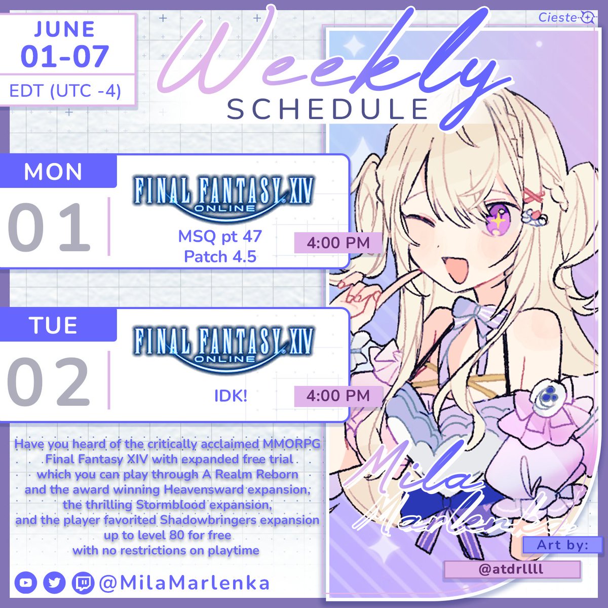 MilaMarlenka's tweet photo. ⋆˙⟡♡ Stream Schedule June 01 - 07 ♡⟡˙⋆ 
I'm back on my bullshit https://t.co/6LPpOXnUEe