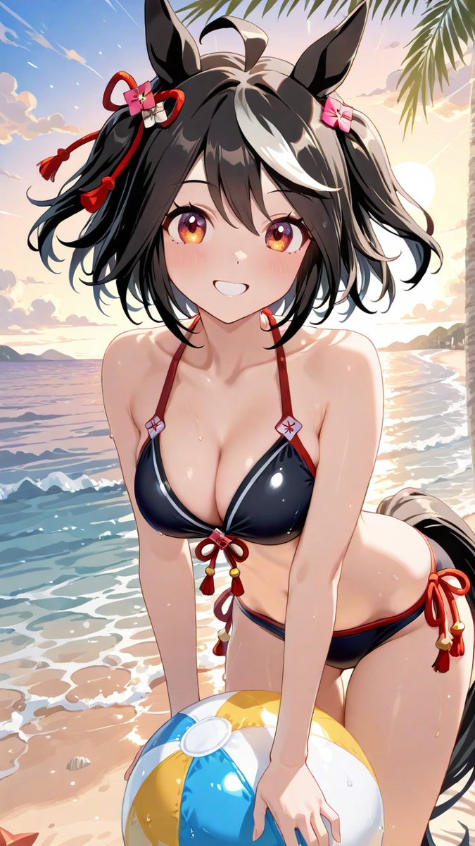notes9999's tweet photo. 「見て見て、トレーナーさん！新しい水着、すっごく動きやすくてお気に入りなんだ。よーし、準備運動はバッチリ！砂浜のバレー勝負、手加減なしでいくよ！」
#ウマ娘
#キタサンブラック
SWF illustration ／AIart
Umamusume: Pretty Derby／Kitasan Black https://t.co/IlPrOMI5Or