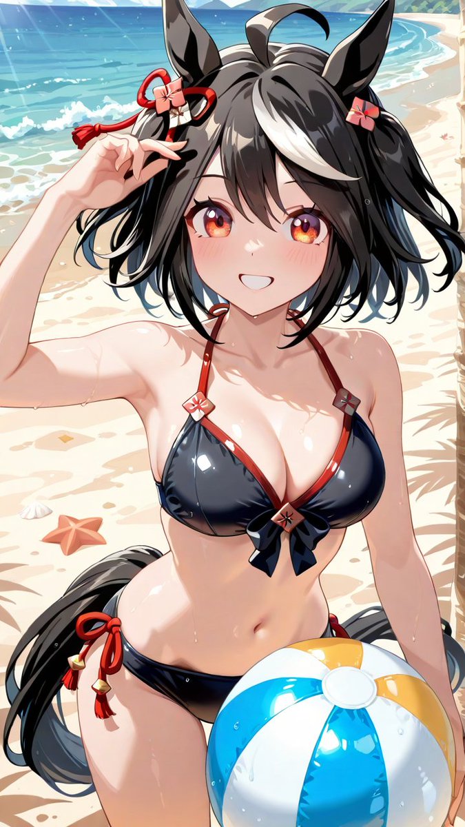 notes9999's tweet photo. 「見て見て、トレーナーさん！新しい水着、すっごく動きやすくてお気に入りなんだ。よーし、準備運動はバッチリ！砂浜のバレー勝負、手加減なしでいくよ！」
#ウマ娘
#キタサンブラック
SWF illustration ／AIart
Umamusume: Pretty Derby／Kitasan Black https://t.co/IlPrOMI5Or