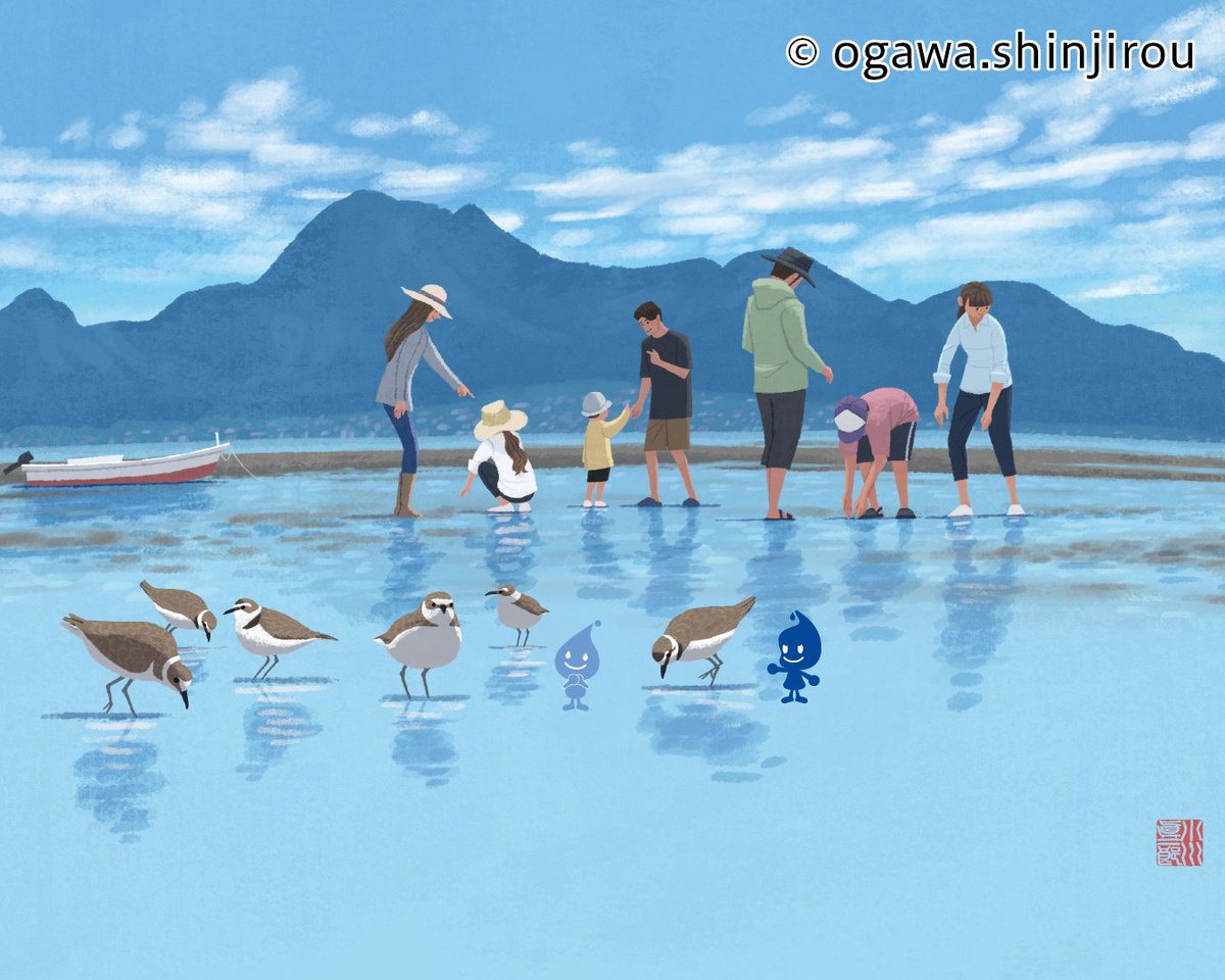 metawater_PR's tweet photo. こんにちは!たーくんです♪メタウォーターの2026年の6月カレンダーをご紹介!舞台は #熊本県荒尾市 #荒尾干潟 めーちゃんとたーくんの冒険を、水風景絵手紙カレンダーとしてお届けします。イラストレーター#小川真二郎 の作品★#メタウォーター #METAWATER #めーちゃん #たーくん https://t.co/ikyPQui2JK