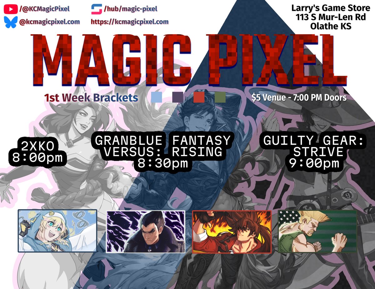 KCMagicPixel's tweet photo. We're deep in tournament season, and with CB behind us and EVO and KSKO ahead of us, there's no better way to get ready than to come out to locals for some #2XKO, #GBVSR, and #GGST brackets!

https://t.co/44E6aEXnDy https://t.co/KvFoUpMdYA