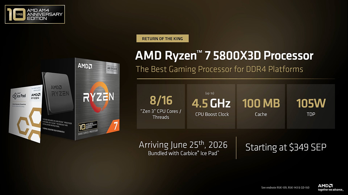 pc_watch's tweet photo. 祝Socket AM4 10周年で「Ryzen 7 5800X3D 10th Anniversary Edition」登場 https://t.co/rGvhJRy9cu #Ryzen https://t.co/UovYE1I4vb