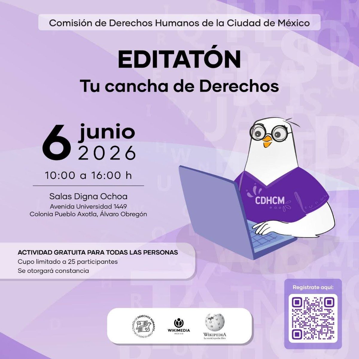 Wikimedia_mx's tweet photo. En junio nos ponemos la camiseta de los Derechos Humanos 🥅🎽

Acompáñanos el próximo 6 de junio a editar junto con la @CDHCMX

🕜 10 a 16 h
⚽ Actividad presencial y gratuita
🖥️ Registro: https://t.co/PU65zGFRUR https://t.co/0l1FzaUyb2