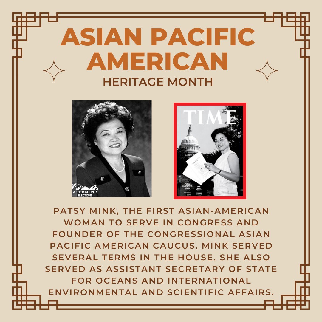 WeberElections's tweet photo. Happy Asian Pacific American Heritage Month. Patsy Mink was the first Asian American woman to serve in Congress and founder of the Congressional Asian Pacific American Caucus.
#asianpacificamericanheritagemonth #patsymink #weberelections #herstory https://t.co/aatJZ5wZRz