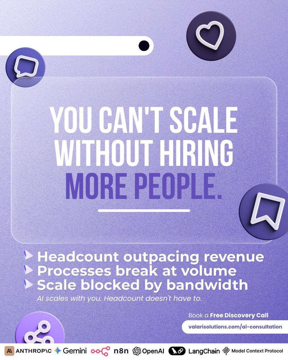 ValariSolutions's tweet photo. If your business is growing but it's starting to feel harder to keep up — that's not a people problem. 👀

It's a systems problem.

Most small businesses hit the same invisible ceiling — and they don't realize AI could remove it entirely.

At Valari Solutions, we help SMBs identify exactly where AI fits and get it working for them fast, with 15+ years of experience behind every recommendation. 💡

Swipe through and see if any of these sound familiar.

🚀 Ready to see what AI can do for you?

Start here → https://t.co/pR8YHZ41je

#ValariSolutions #AIConsultation #SmallBusiness #SMB #AI #BusinessAutomation #AIForBusiness #DigitalTransformation #WorkflowAutomation #SmallBusinessGrowth