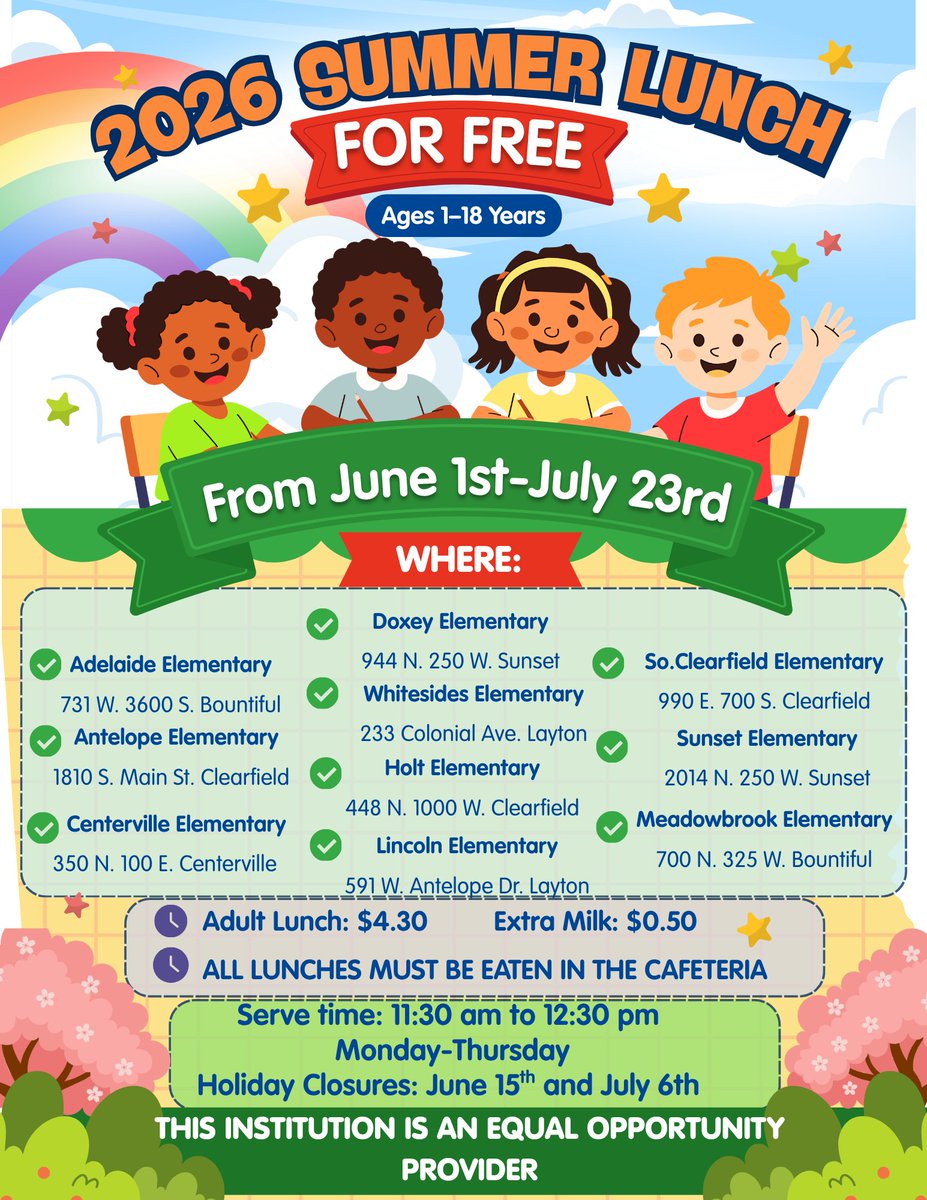 DavisCountyLib's tweet photo. Davis School District is A+ for amazing.  Thanks to all those that help provide kids with a yummy lunch during the summer.  Check out the schedule for locations. #DavisSchoolDistrict #FreeLunch https://t.co/BrEW1pCvIq