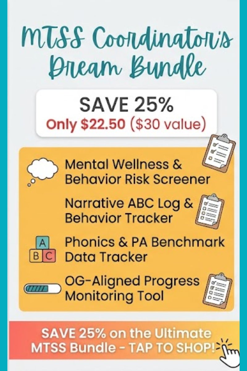MrKsSchoolTools's tweet photo. Streamline student success today!
Empower your MTSS journey with tools that simplify tracking, monitoring, and progress. Save 25% on the ultimate MTSS Coordinator's Dream Bundle—your classroom just leveled up! ✨
#MTSSResources #EducationTools #ClassroomSuccess https://t.co/9NEvM7aAuO
