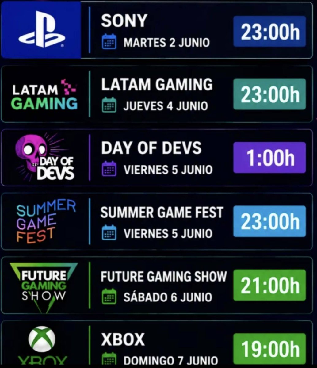 Skabya_77's tweet photo. 🎉 ¡Chiquitines! ¡Atentos a lo que se viene! La #SummerGameFest no viene sola, y aquí tenéis los horarios de #StateOfPlay #LatamGaming #DayOfDevs #FutureGamingShow y #XboxGamesShowcase 😍 Todos los anuncios de estos eventos los veremos en nuestro #CharletasYJuegasiones 🤩 https://t.co/FVsxd2HjsZ