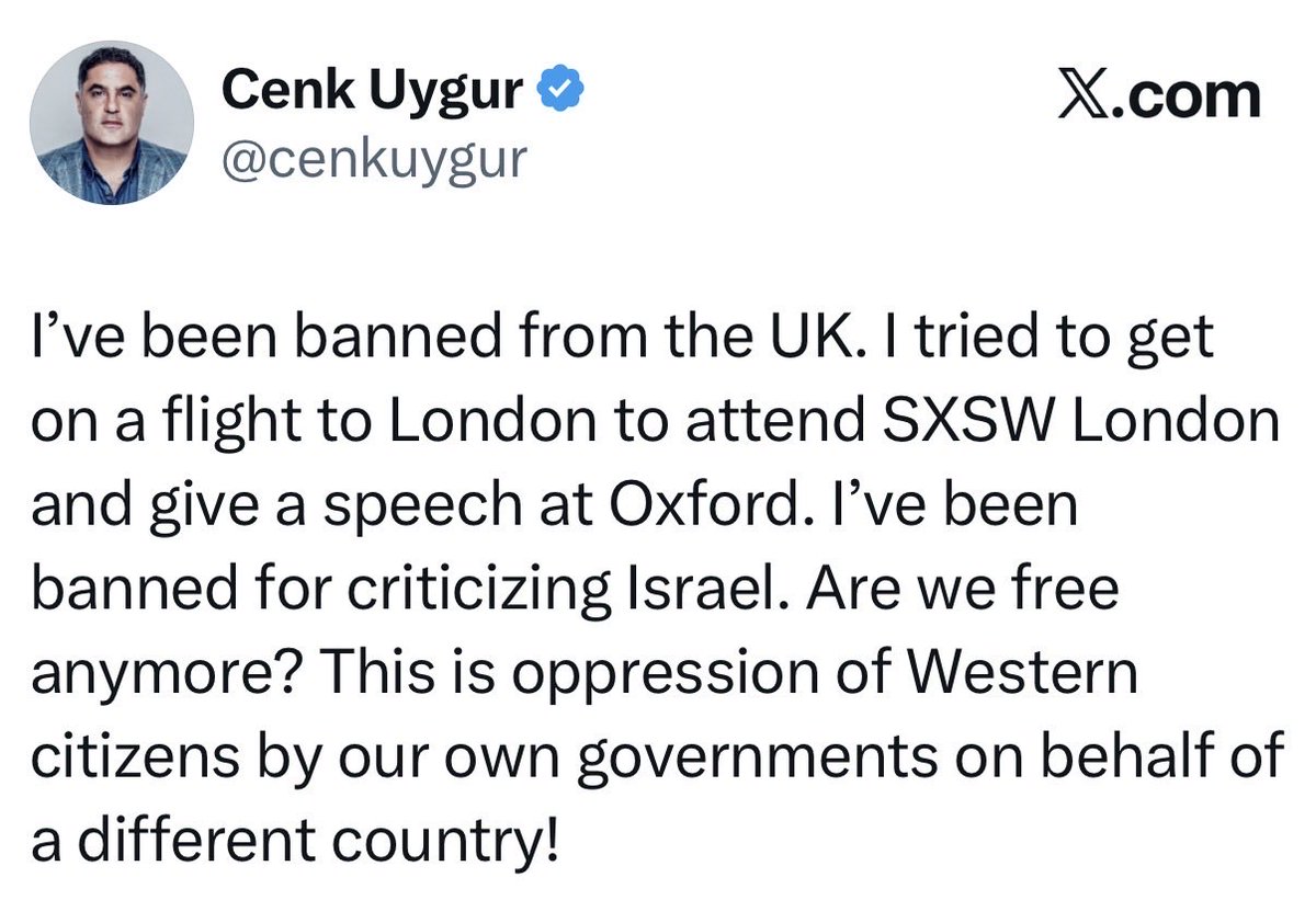 kai_newkirk's tweet photo. Cenk and Hasan banned from the UK for speaking out against the criminal policies of the extremist Israeli government. This is a grave violation of free speech that undermines the fight to build a world where international law and human rights rule. https://t.co/a5qQhU6JmK