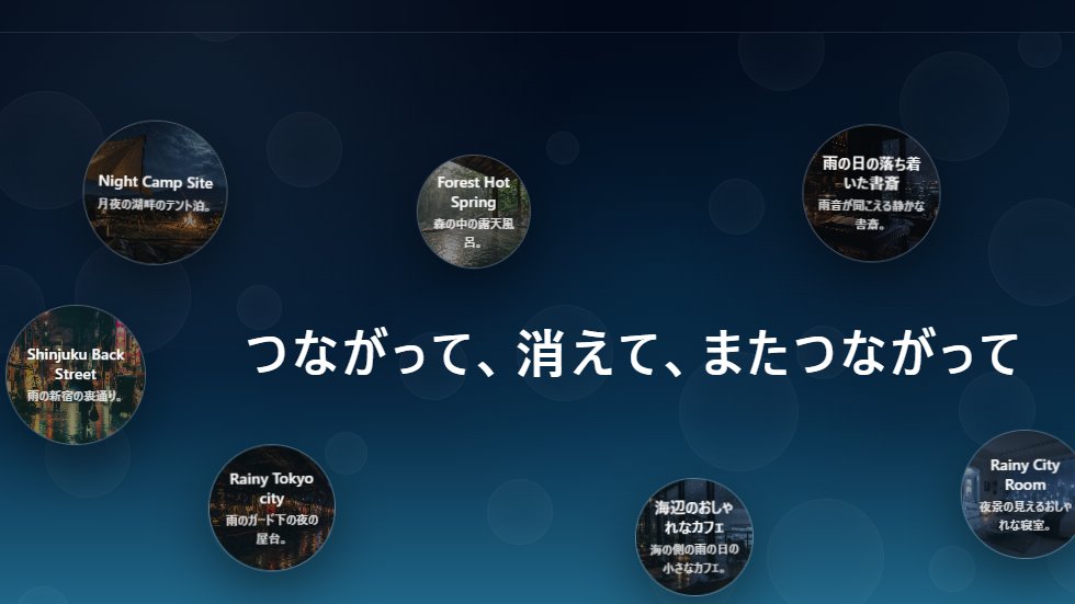 Solomaker_dev's tweet photo. ゆるく人の気配を感じる共有空間☕️

開発者さんに教えてもらったWEBサービス

名前は『Bubble Chat』

SNSの消耗やチャットツールの重さ

それらを感じさせない絶妙な距離感

【これいいなと思ったポイント】

1. ログイン不要ですぐに使える手軽さ

2. 意識高すぎない心地よい作業空間

3. ASMR代わりになる雨音BGM☔️

吹き出しで会話する滞在型のチャット

個人開発や読書など作業のお供に最適

ほどよい繋がりを探している人にぴったりの場所

https://t.co/V79QTtDpRp