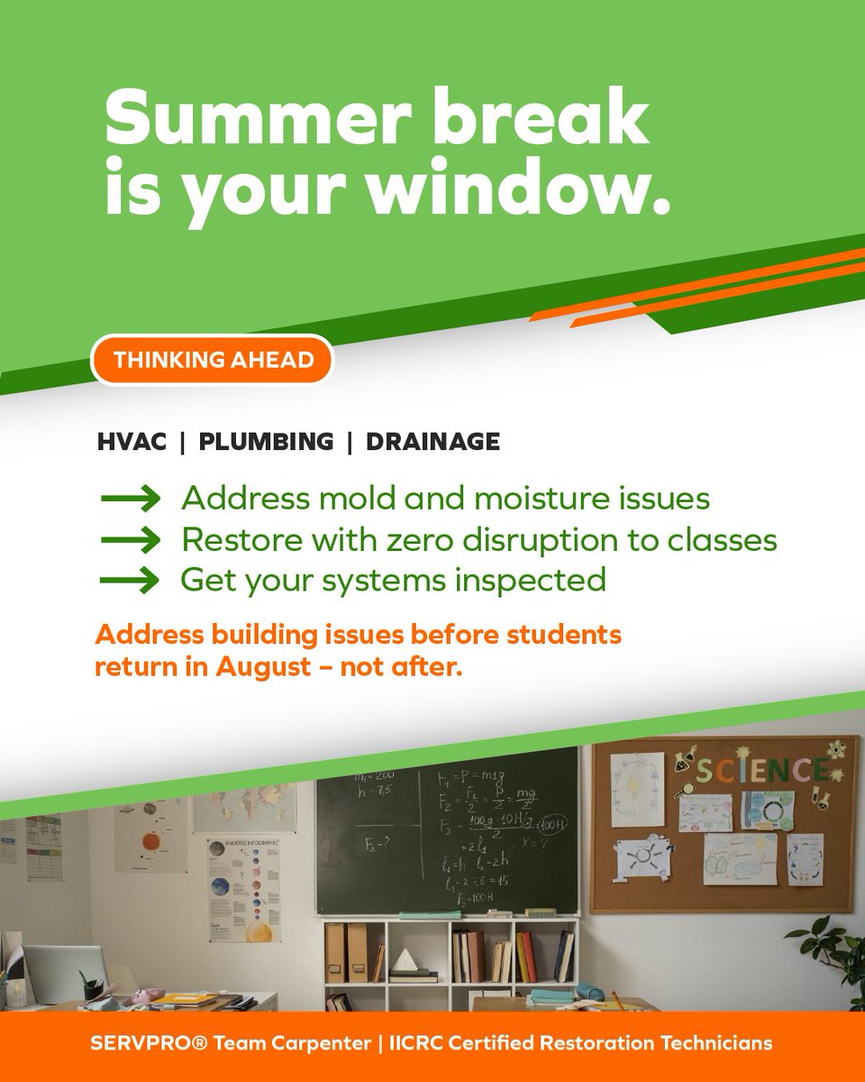 ServproCRC's tweet photo. Summer break is your operational window to address hidden facility risks before students return in August.

📞 Call us at (866) 592-3705 to secure your facility's health today.

#FacilityManagement #SchoolMaintenance #SERVPROTeamCarpenter https://t.co/HsKldLbvR0
