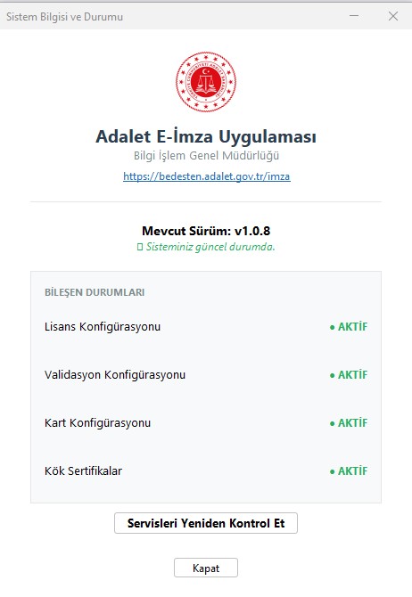 avumutseker's tweet photo. Adalet E-imza ile Giriş uygulamasını yükledikten sonra bilgisayarınızın sağ alt tarafında saatin ve takvimin olduğu bölgedeki menü çubuğu içinde 'U' harfi olan bir uygulama simgesi çıkmalı simge üzerine gelince Adalet E-imza yazmalı ayrıca. Bu simgenin üzerine geldiğinizde simgeye mouse sağ tuşla basınca resimdeki menü çıkıyor. Yazılımın çalışıp çalışmadığını kontrol için; simgeye gelip sağ tuşa bastıktan sonra açılan küçük menü penceresinin en üstteki sistem bilgisi kısmına tıklayın ve sistemin çalışıp çalışmadığını, yazılımın e-imzanızı ve sertifikanızı görüp görmediğini inceleyin lütfen (hepsi resimdeki gibi yeşil ve aktif diye yazmalı). (Sürüm numarası mutlaka 1.0.8 olmalı)..