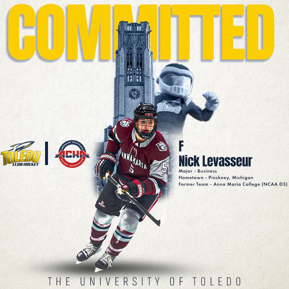 UToledoHockey's tweet photo. 🚨🚀 COMMITMENT 🚀🚨
Nick Levasseur is the 6th member of our 2026-27 recruiting class! Nick is a forward from Pinckney, MI & will be joining the Rockets after spending the first 2 years of his college career with Anna Maria College. Nick will study business @UToledo! #TOL https://t.co/3R2IaJrN9E