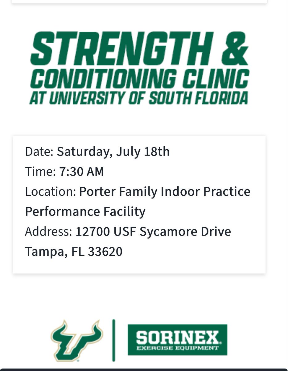 The_Workout's tweet photo. The University of South Florida (USF Bulls, in Tampa) is hosting their inaugural Strength and Conditioning clinic on Saturday, July 18, 2026.
 It's sponsored by @Sorinex 
Key Event Details
Date: Saturday, July 18, 2026
Location: Porter Family Indoor Performance Facility, 12700 Sycamore Drive, Tampa, FL 33620
Host: Antonio Turner 
(Director of Football Strength & Conditioning) 
@ATTurner15
Focus: 
How USF’s @USFFootball high-performance team operates, plans, programs, and periodizes to maximize athletic enhancement.
#strength #strengthtraining #strengthandconditioning #strengthcoach #strengthcoaching #strengthtrainingworkoutplan #strengthperformancecoach #strengthperformance #strengthandconditioning #footballsportsperformance