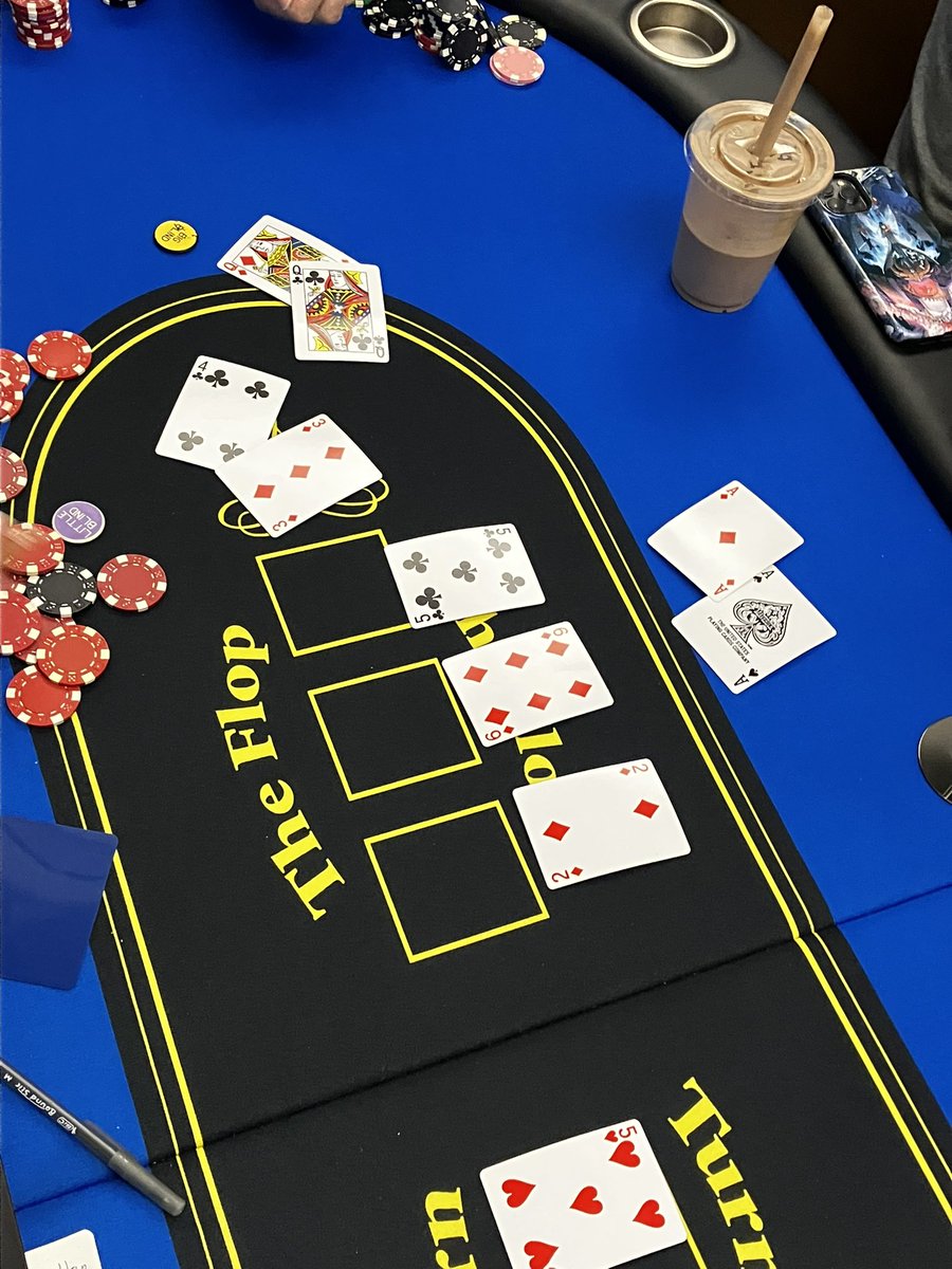 ewveggies's tweet photo. Gotta love SF poker:
Some absolute degen pre-flop 5 bet jams with 34 offsuit, gets called by pocket queens and pocket aces.

Flop comes 2 5 6, flopped the absolute nuts and won $500 pot. Sickest hand I’ve ever seen. https://t.co/77qBESfkXR