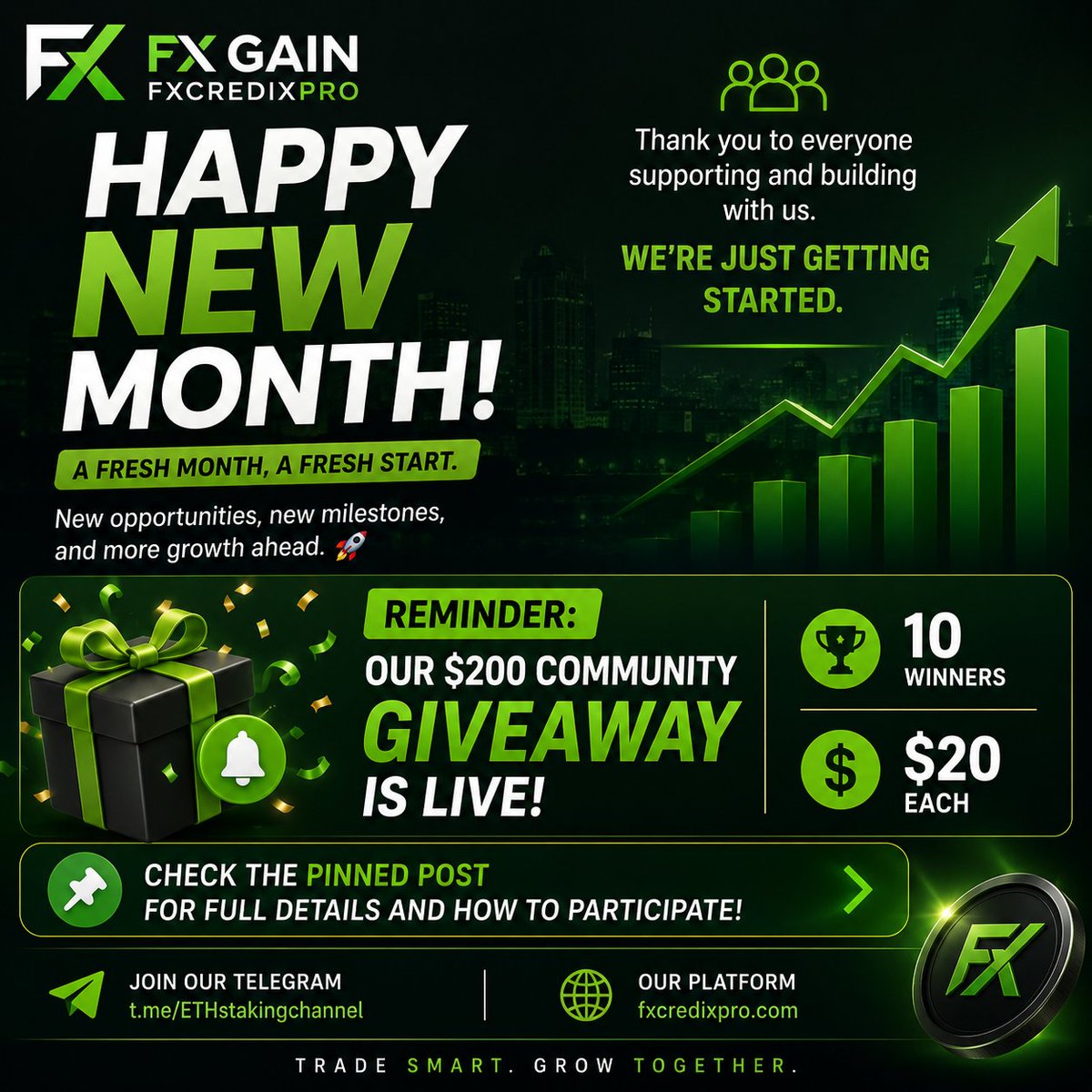 FXcredixpro's tweet photo. 🎉 Happy New Month, everyone! 🎉

A fresh month, a fresh opportunity to grow, build, and achieve more together. 🚀

Thank you to everyone supporting the vision of FX Gain / FXcredixpro.

⚠️ Don't forget our $200 Community Contest is LIVE!

🏆 10 Winners 💵 $20 Each
Pin post https://t.co/HSNGKmzL0M