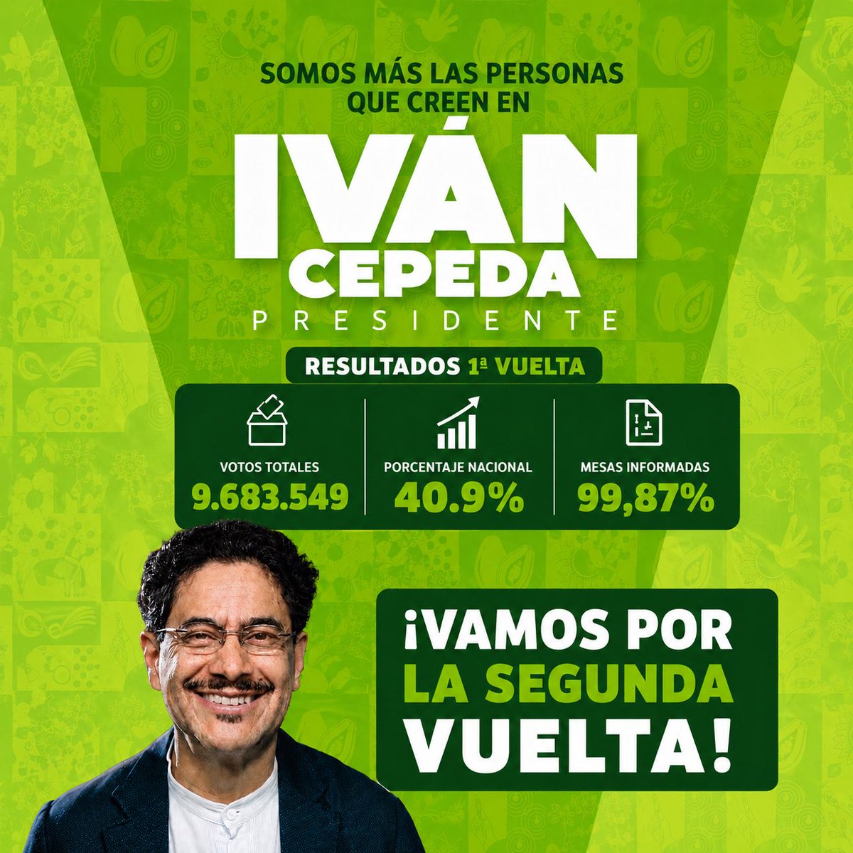 PartidoVerdeCoL's tweet photo. 🌻 ¡Vamos por la segunda vuelta!

Sigamos construyendo el país que todos necesitamos junto a @IvanCepedaCast 💚. https://t.co/UVIvwkKyq4