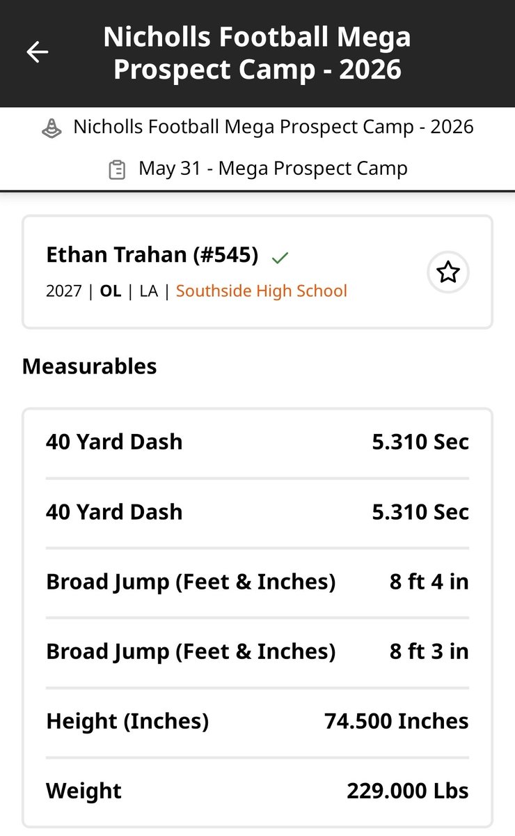 BigEtra08's tweet photo. I was blessed to attend @Nicholls_FB mega prospect camp today. I learned a lot from some great coaches. This is just the start for this summer I got something to prove my senior year!!
@CoachSethPrice @eroussel_71 @coach_jcurtis @MikeCoppage1 @ShannonBelt3 https://t.co/H9nHNRyVVP