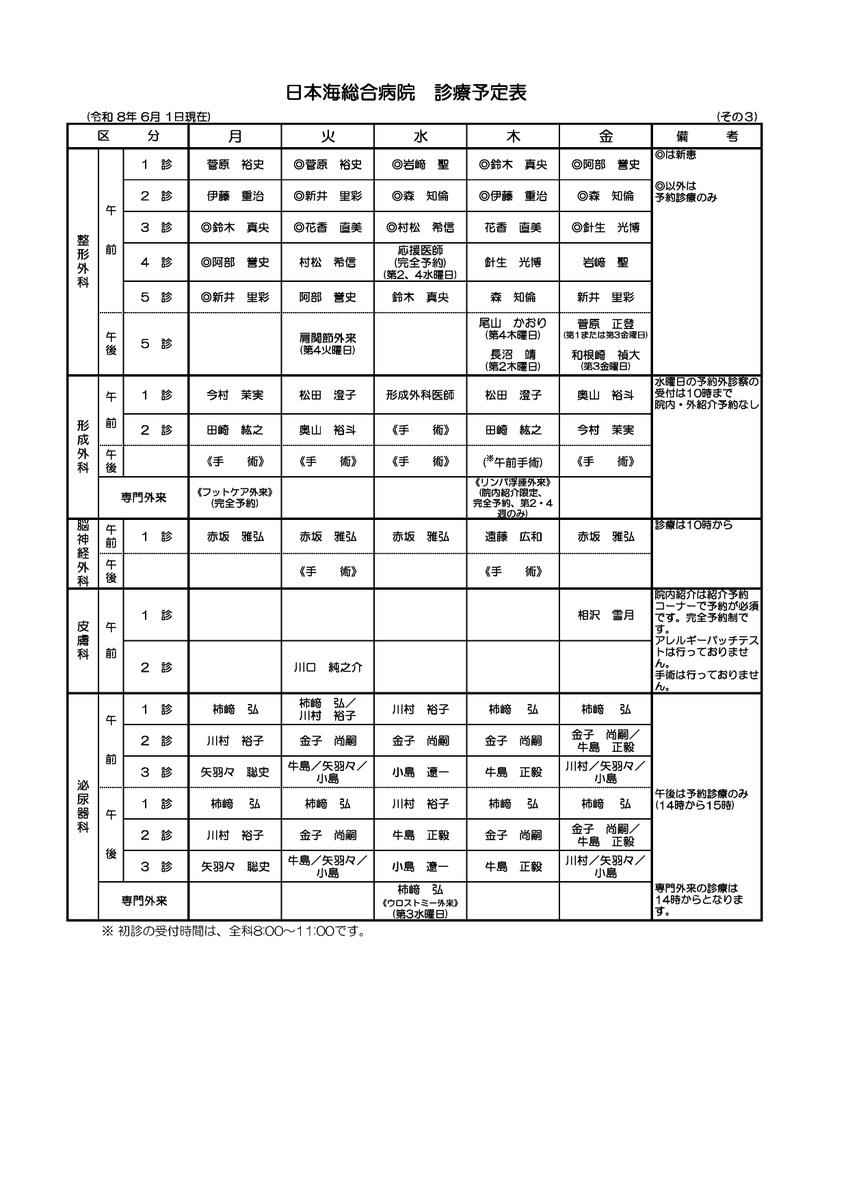 nihonkai_hosp's tweet photo. ６月からの診療予定表です。診察の際にご利用ください🌈
下記URLからもご覧いただけます。
https://t.co/R5LjO4gKNd https://t.co/fV3HFXPKGB