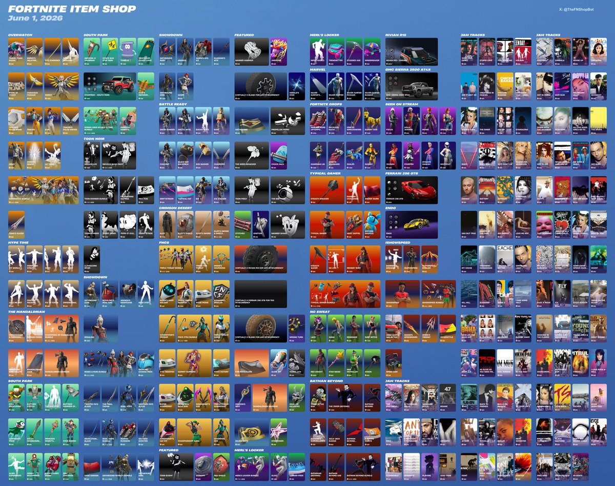 TheFNShopBot's tweet photo. June 1, 2026 Fortnite Item Shop is live. #fortnite #fortnitebr https://t.co/jA8fYADjKK